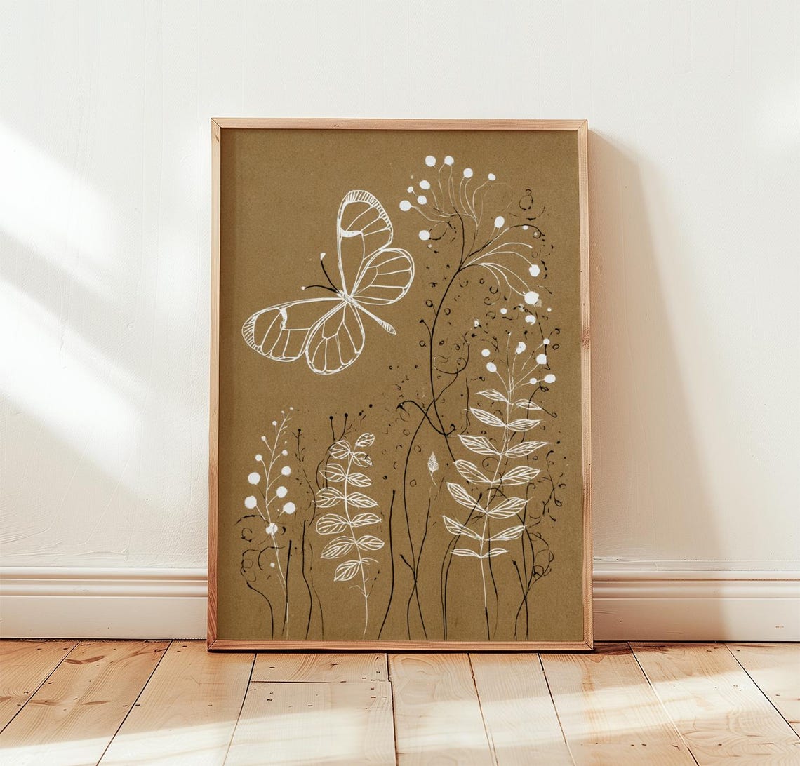 Butterfly Botanical Print Minimal Nature Wall Art Beige Poster