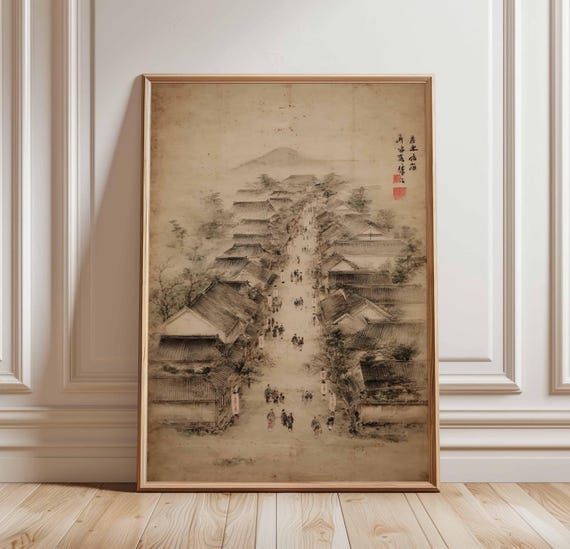 Traditional Chinese Village Poster Vintage Street Scene Wall Art Ink Wash Painting Historic Asian Architecture Decor Unframed Print