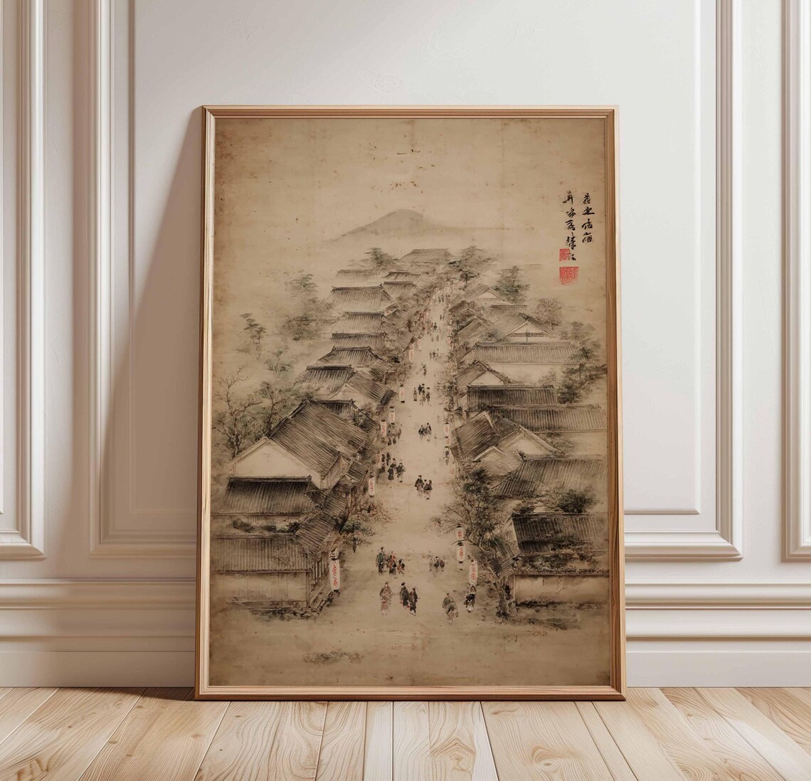 Japanese Ink Wash Old Town Street Vintage Asian Landscape Poster