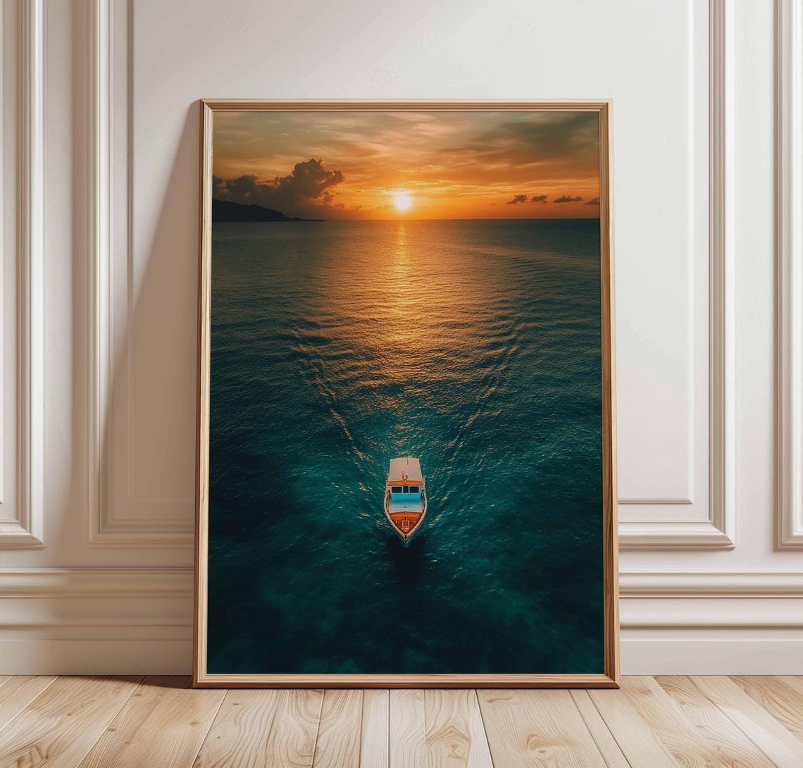 Sunset Boat Aerial Ocean Poster Golden Hour Voyage Tranquil Seascape