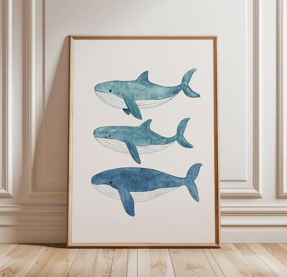 Three Blue Whales Watercolor Ocean Minimalist Marine Life Wall Art