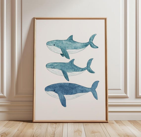 Whale Poster Set Minimal Ocean Wall Art Print Coastal Marine Illustration Blue Sea Animal Artwork Modern Nautical Decor