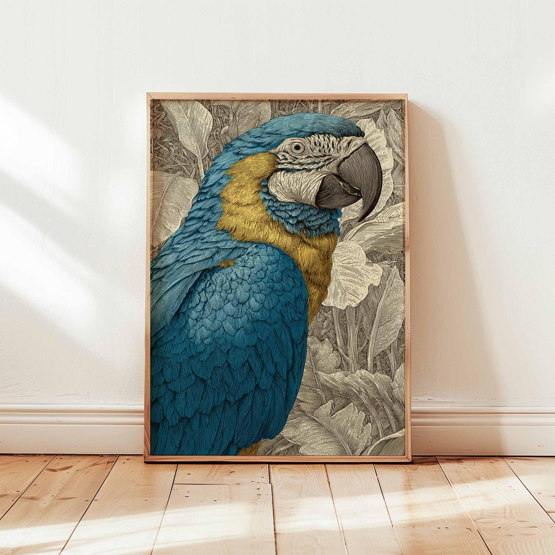 Blue and Gold Macaw Parrot Vintage Engraving Style Bird Poster