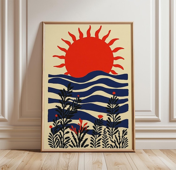 Abstract Sun Landscape Poster Scandinavian Hills Wall Art Folk Nature Print