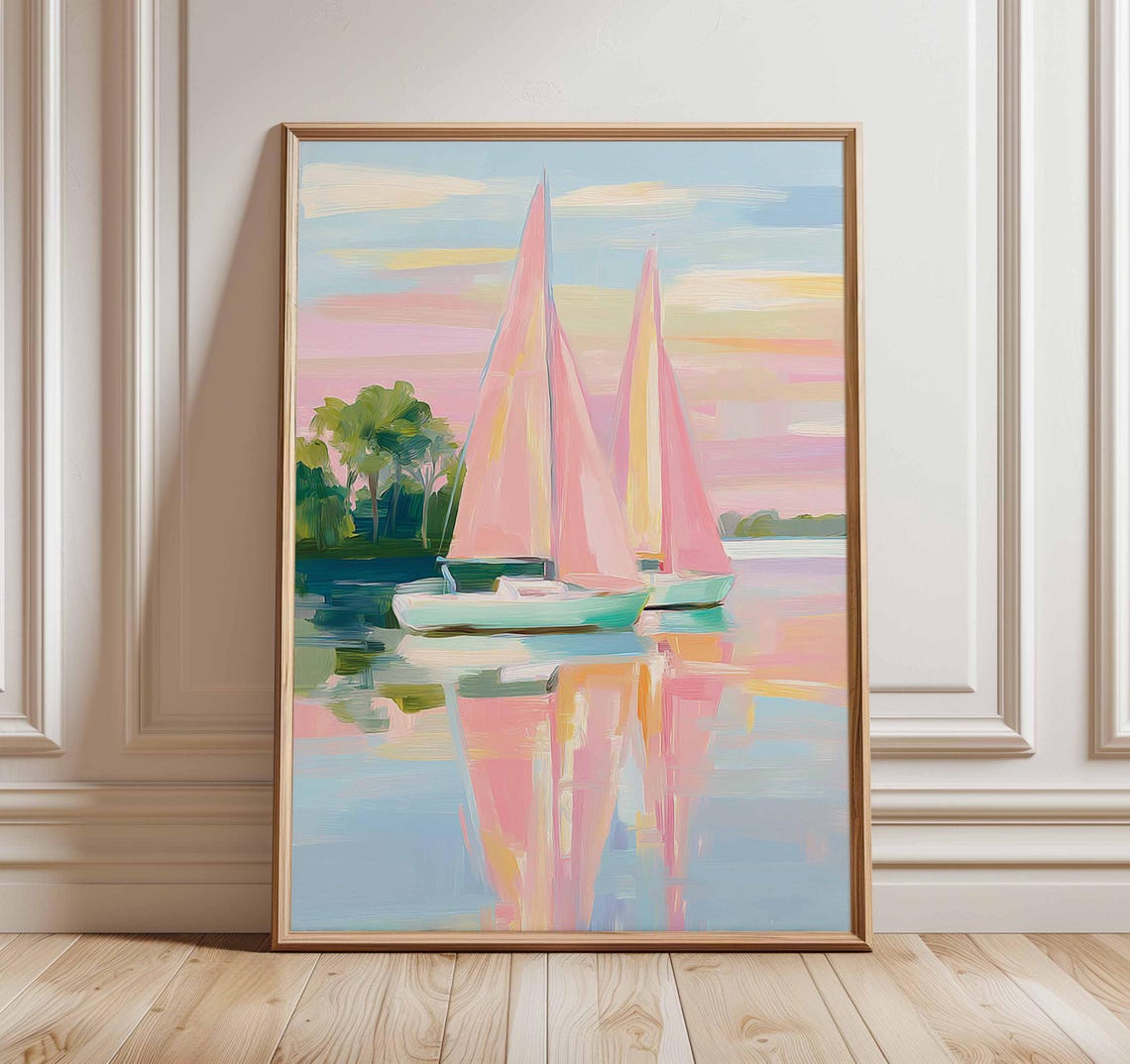 Pastel Pink Sailboats Sunset Coastal Seascape Ocean Art Poster