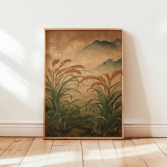 Japanese Rice Field Misty Mountain Vintage Botanical Landscape Poster