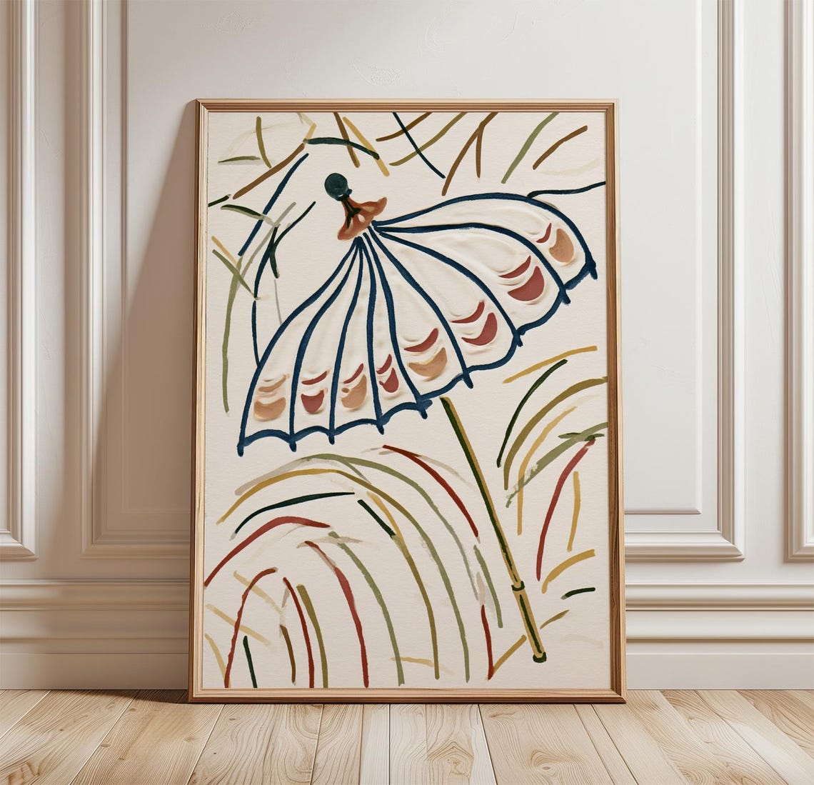Japanese Paper Umbrella Poster Minimal Botanical Art Neutral Wall Decor
