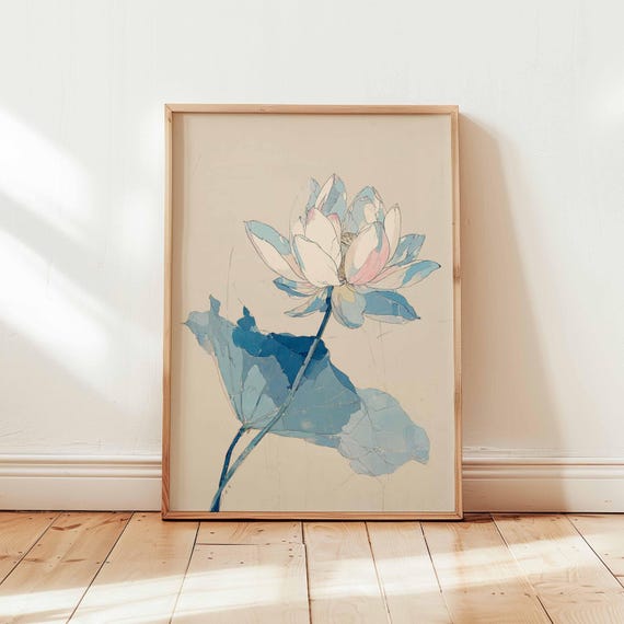 Blue Lotus Flower Minimalist Japanese Zen Botanical Art Poster