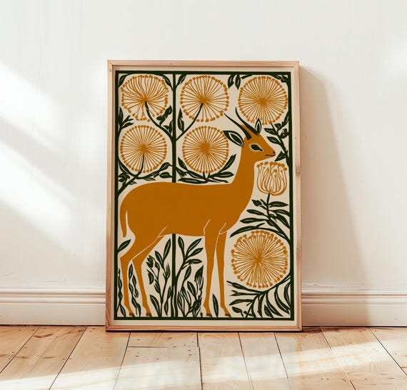Gazelle Botanical Poster Folk Art Animal Print Nature Wall