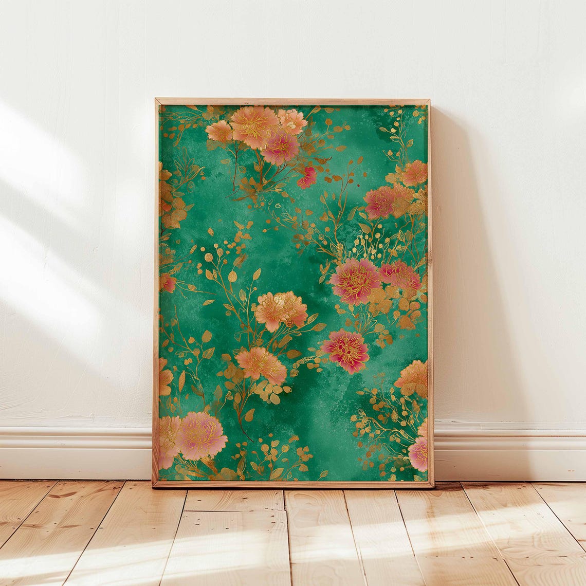Emerald and Gold Peony Floral Pattern Vintage Botanical Art Poster
