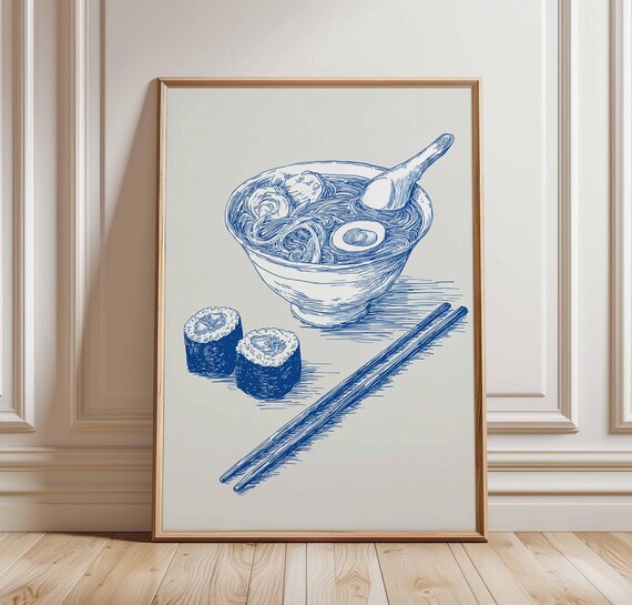 Japanese Ramen And Sushi Blue Ink Sketch Minimalist Food Art Print