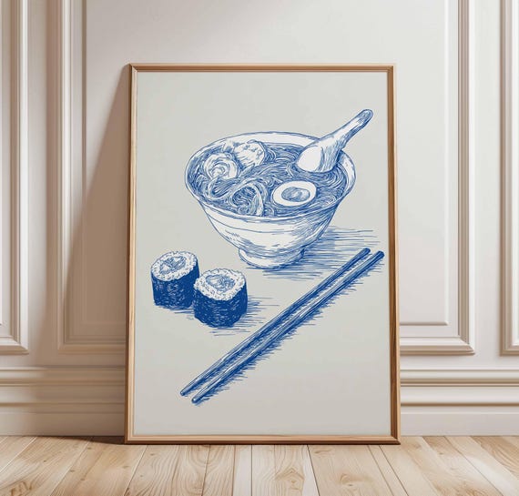 Japanese Ramen Poster Sushi Noodles Kitchen Wall Art Print Blue Ink Line Drawing Asian Food Illustration Minimalist Chopsticks Decor