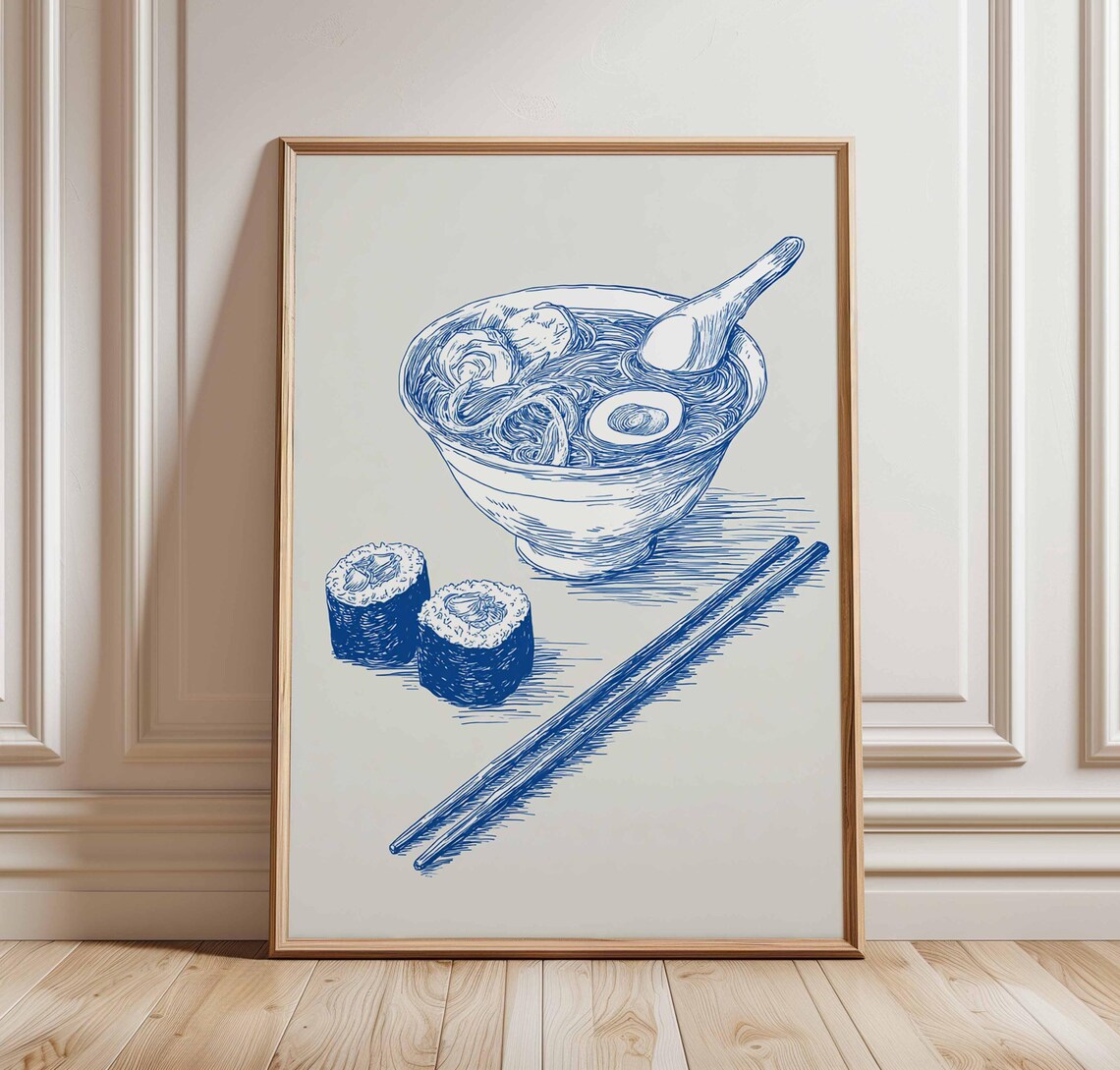 Japanese Ramen And Sushi Blue Ink Sketch Minimalist Food Art Print