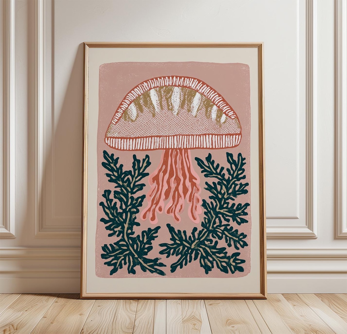 Pink Jellyfish Coastal Folk Art Poster