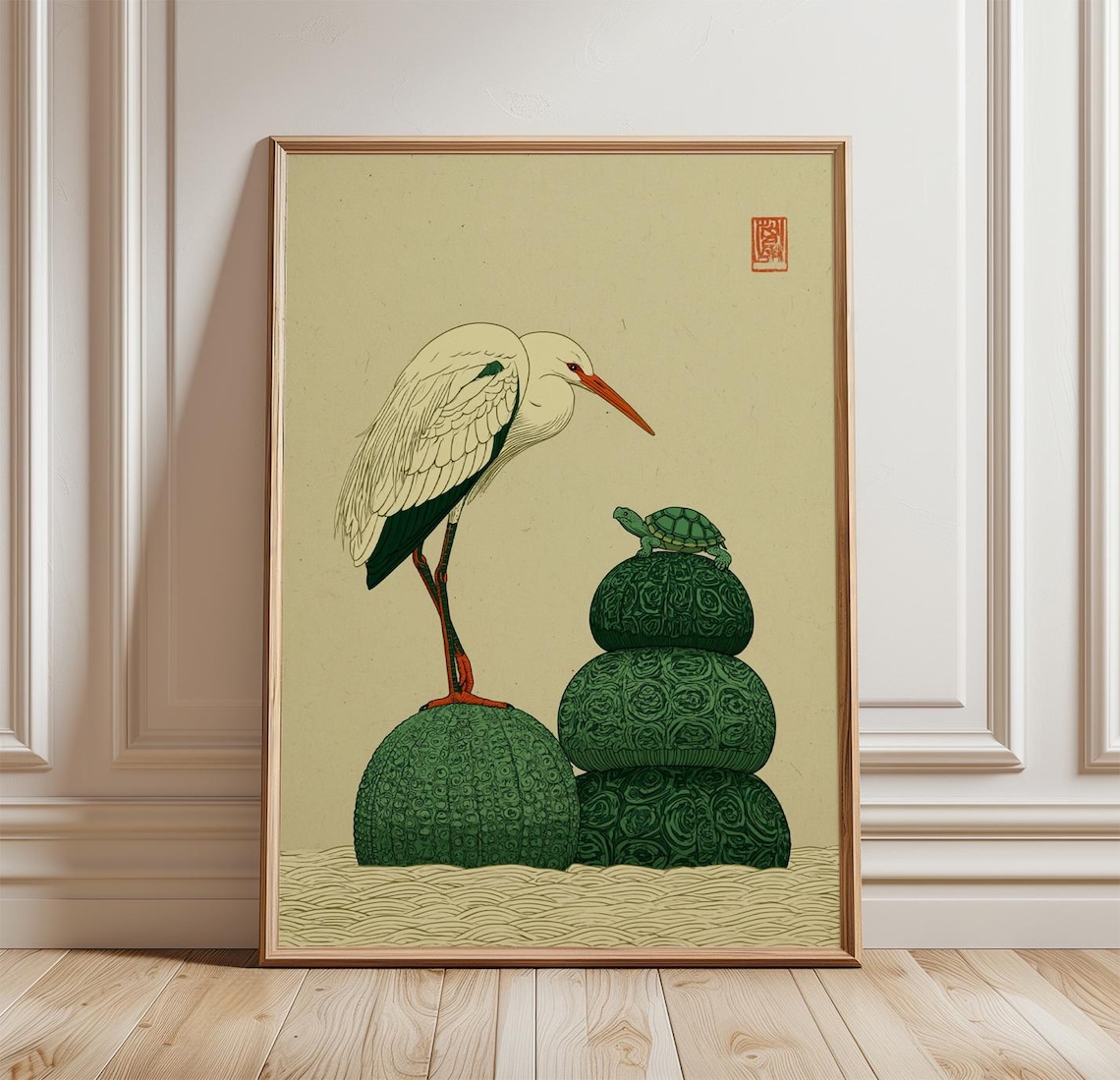 Heron And Turtle - Japanese Animal Nature Art Print