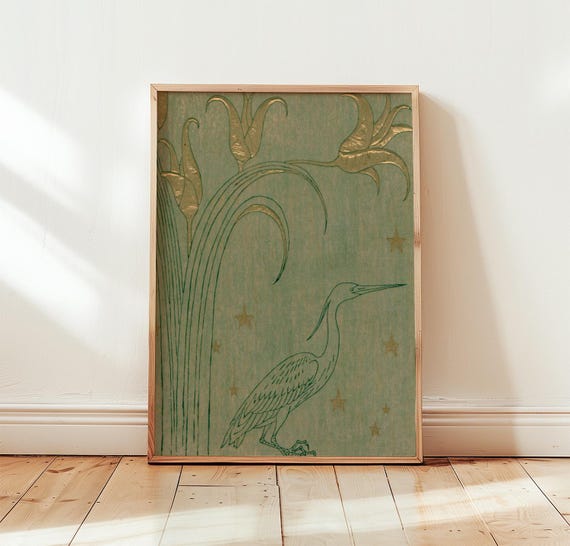 Sage Heron Print Gold Botanical Wall Art Woodblock Poster