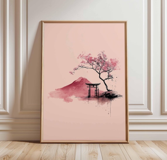 Japanese Mount Fuji Cherry Blossom Torii Gate Watercolor Art Print