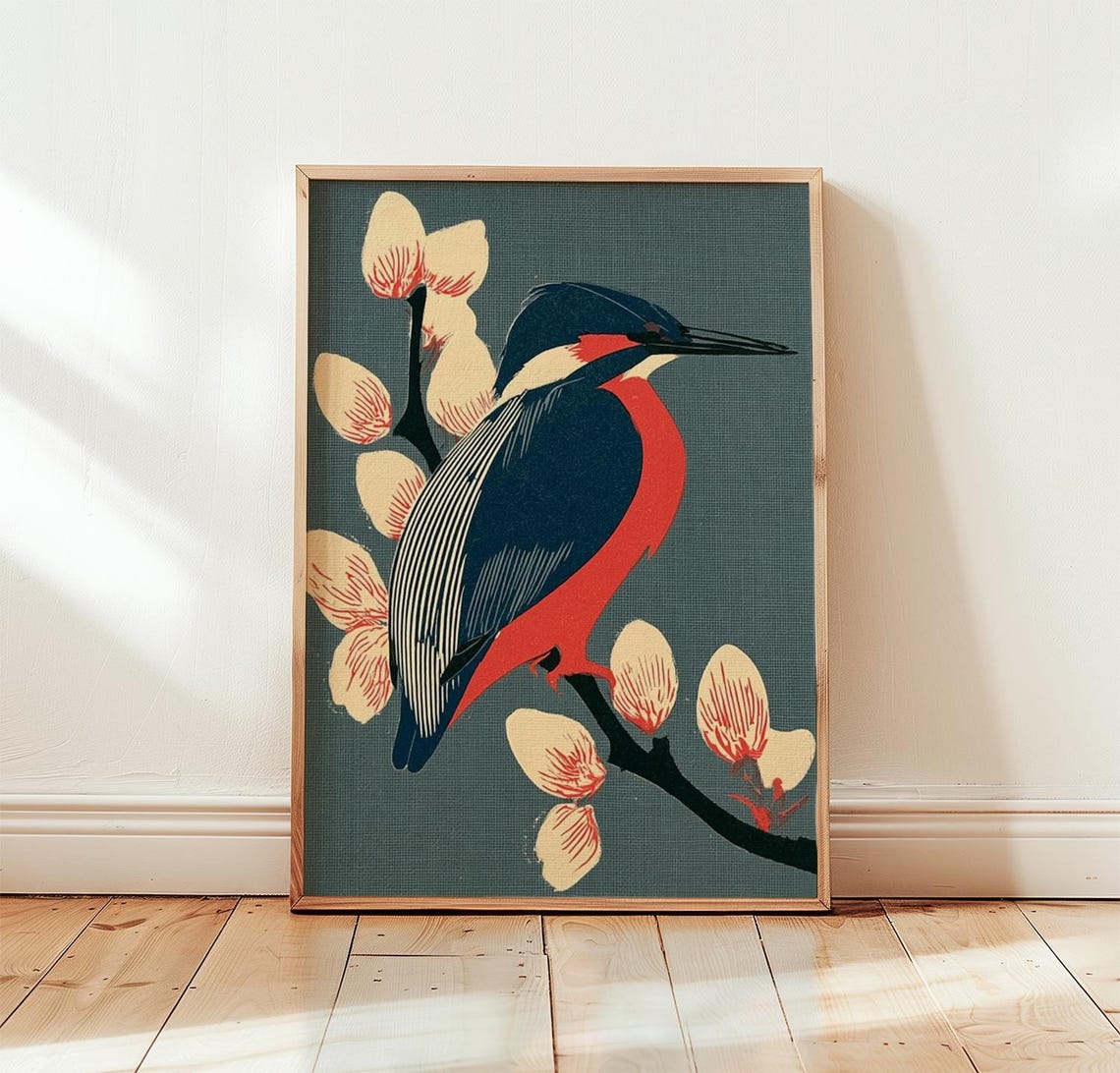 Kingfisher Bird Poster Vintage Wildlife Wall Art Botanical Print