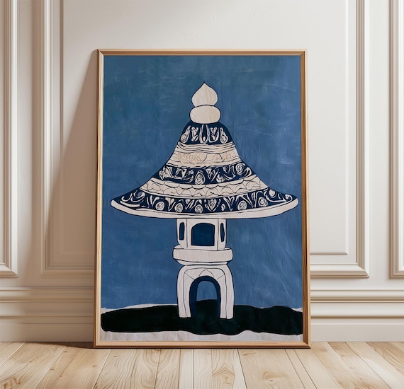 Blue Stone Lantern Minimal Oriental Art Print