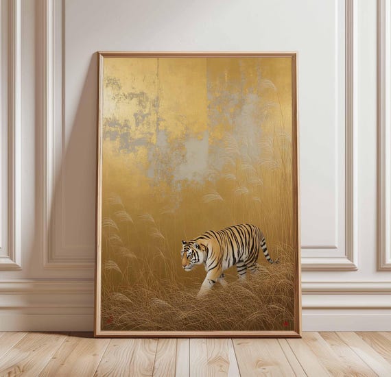 Golden Tiger Print Japanese Style Wall Art Walking Poster Minimalist Gold Jungle Decor Zen Animal Artwork