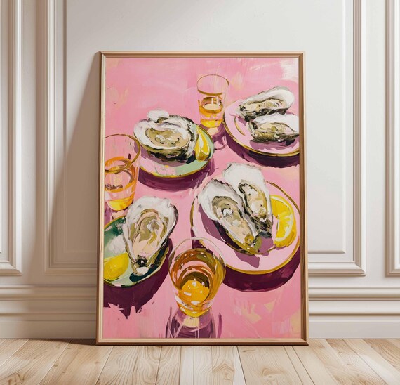 Oyster Poster Pink Kitchen Wall Art Vibrant Seafood Print Retro Dining Room Decor Oysters And Cocktails Illustration Bold Food