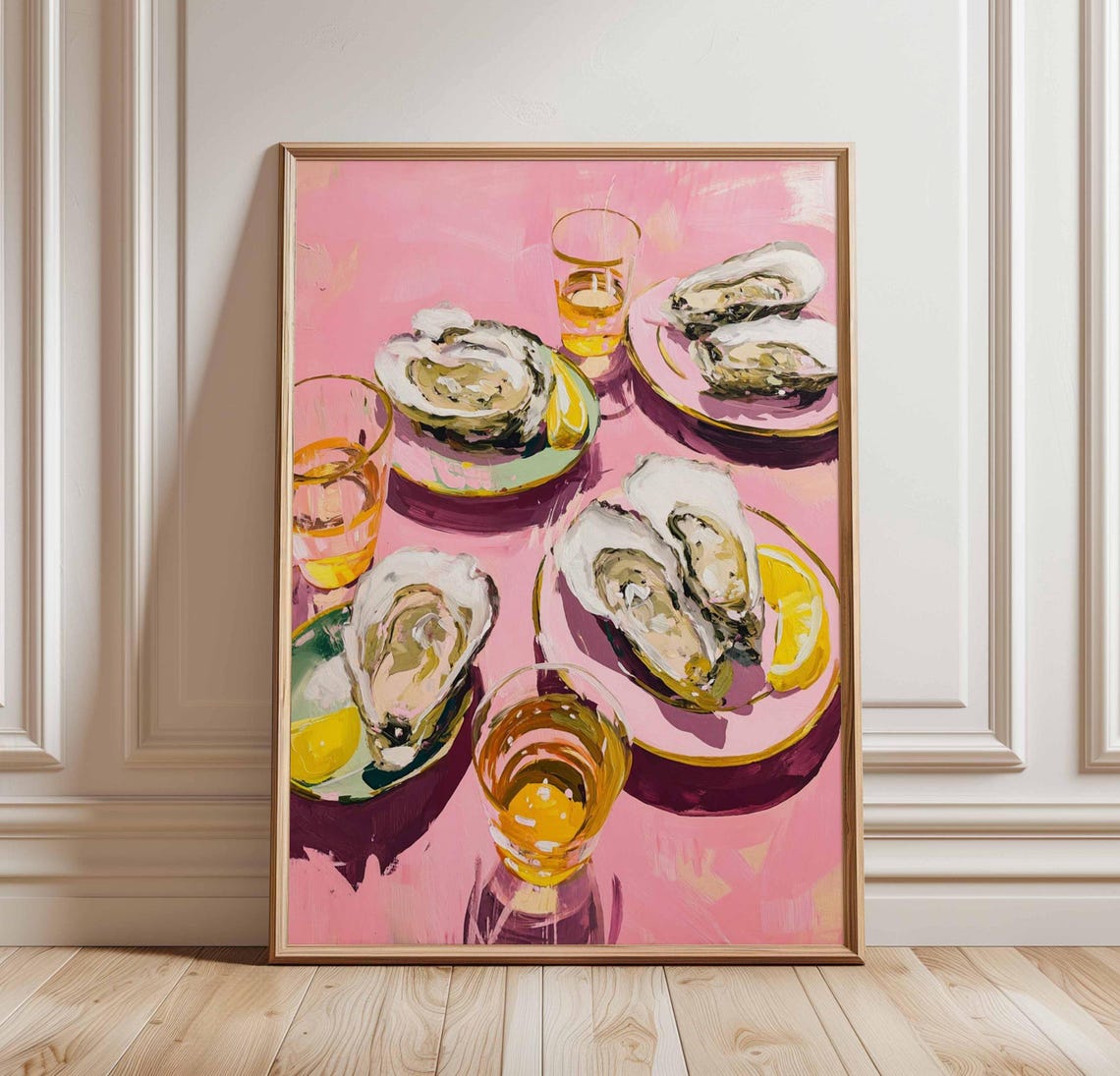 Pink Oyster And Wine Poster in Bold Kitchen Seafood Illustration Style