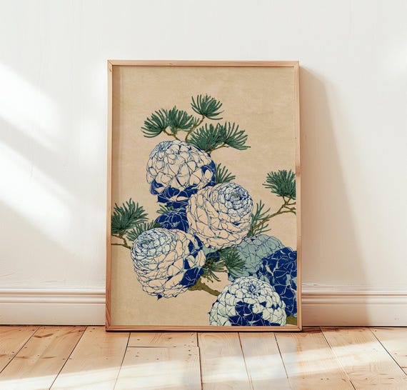 Blue Pinecone Print Green Botanical Wall Art Screen Poster