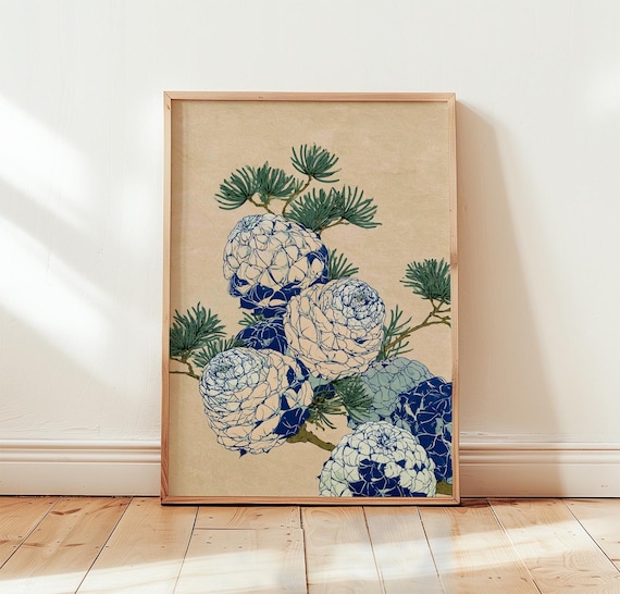 Blue Pinecones Pine Needle Branch Japanese Woodblock Botanical Poster