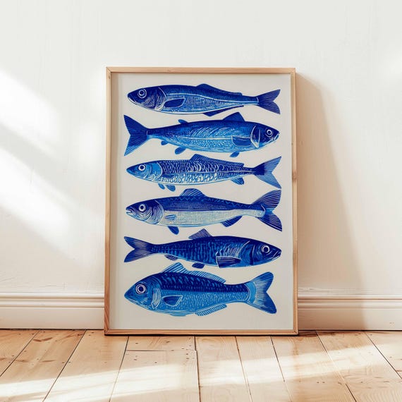 Blue Fish Print, Coastal Nautical Sea Life Art Print
