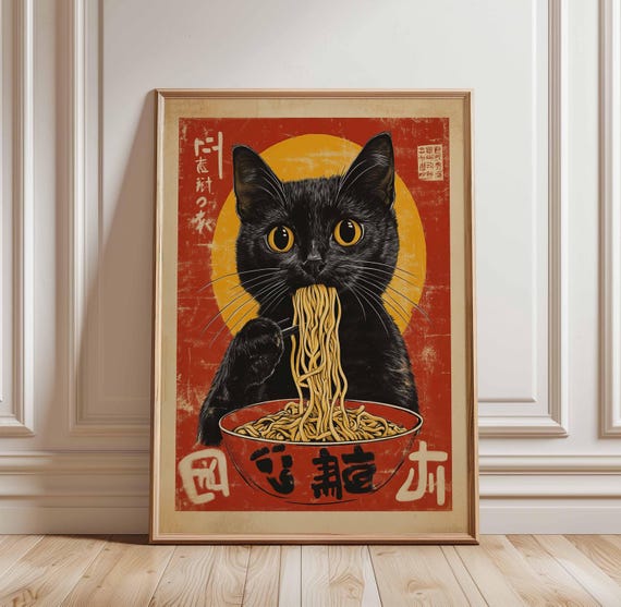 Cute Cat Noodle Print Black Ramen Poster Japanese Food Art Kawaii Asian Wall Decor Bowl Kitchen