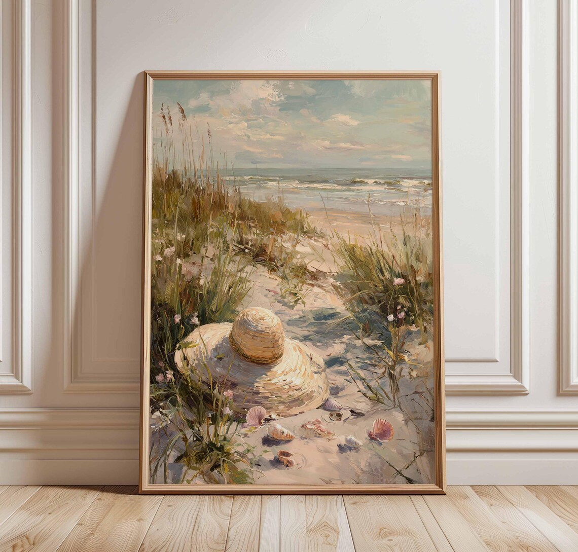Beach Path Poster, Coastal Straw Hat Art Print