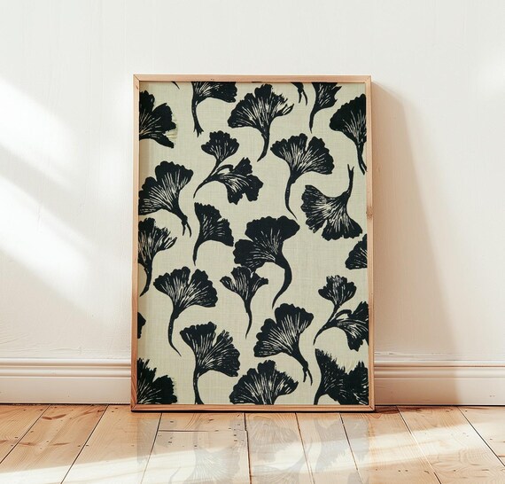 Black Ginkgo Leaf Linocut Block Pattern Botanical Wall Art Decor