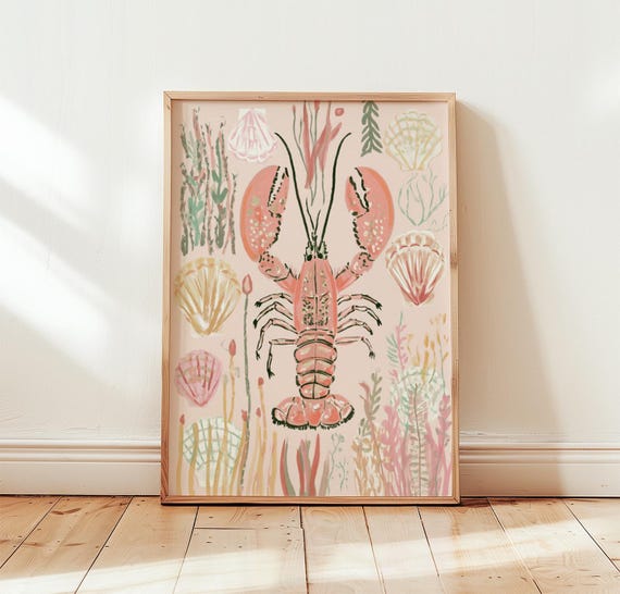 Pink Lobster Print Coastal Shell Wall Art Screen Poster