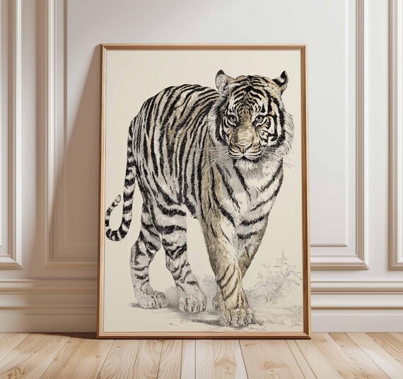 Majestic Tiger Vintage Engraving Style Wildlife Ink Sketch Art Poster