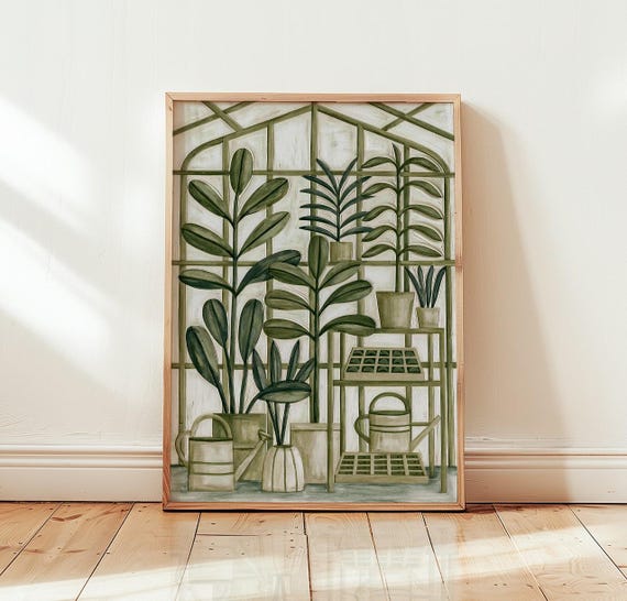 Greenhouse Botanical Print Sage Green Plant Wall Art Illustration Poster