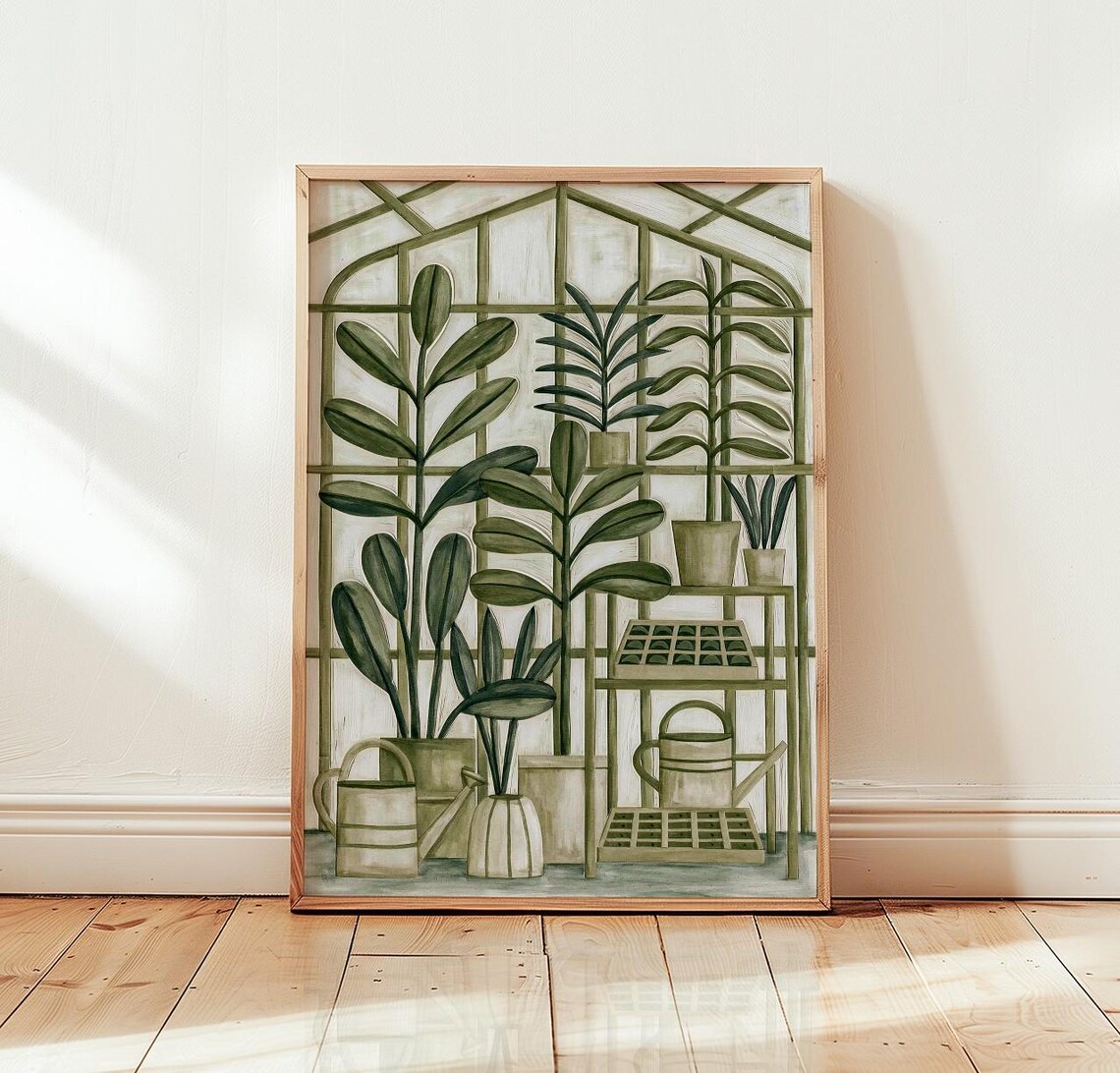 Greenhouse Botanical Sage Green Plants Poster Seedling Trays Wall Decor