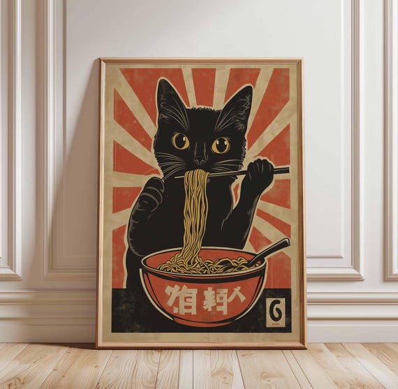 Black Cat Ramen Poster Japanese Food Art Cute Noodle Print Kawaii Asian Wall Decor Bowl Kitchen