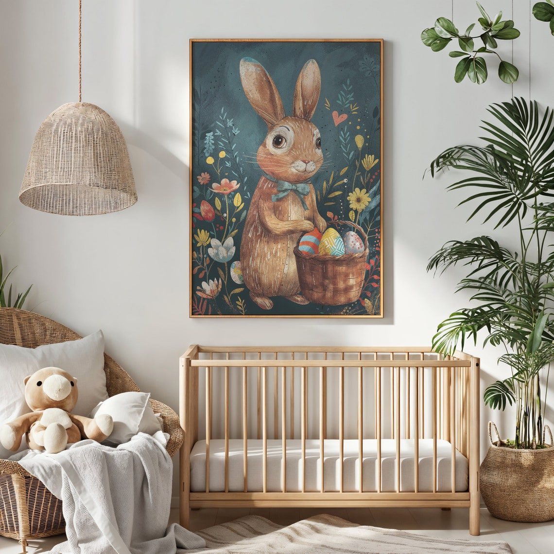 Brown Bunny Bow Tie Egg Basket Vintage Floral Easter Kids Poster - Image 2