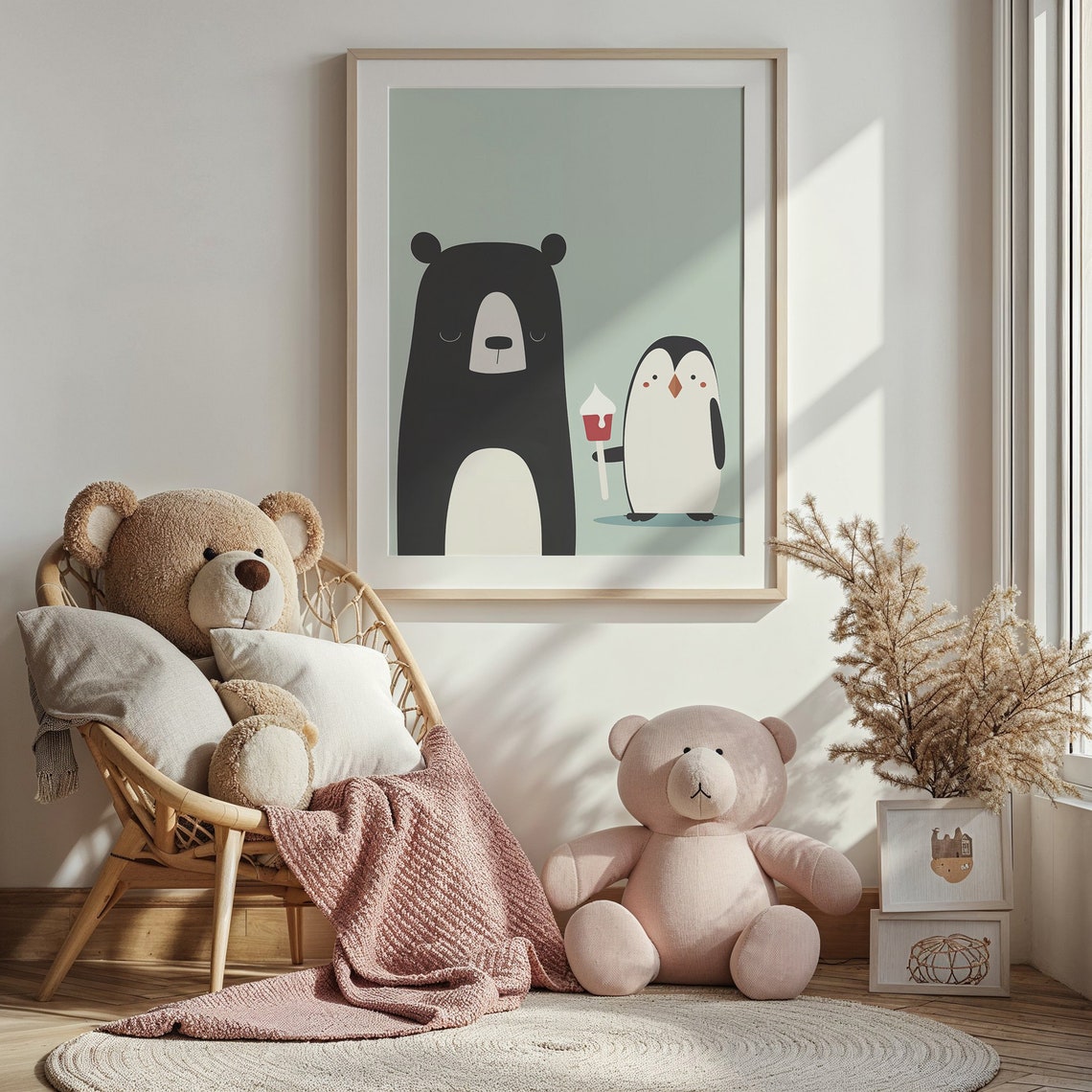 Bear Penguin Friends Red Ice Cream Mint Background Kids Wall Poster