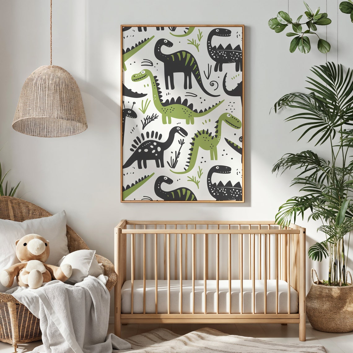 Doodle Dinosaur Pattern Green Black Long Neck Kids Room Nursery Poster - Image 3
