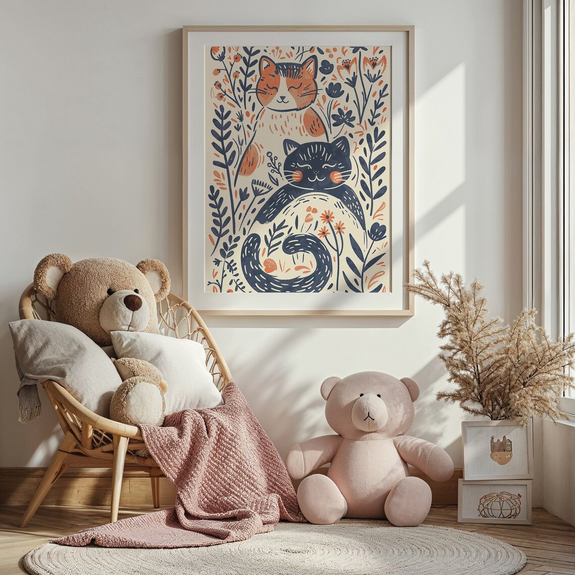 Floral Cats Illustration Orange And Navy Whimsical Kids Room Wall Art Poster - Image 3