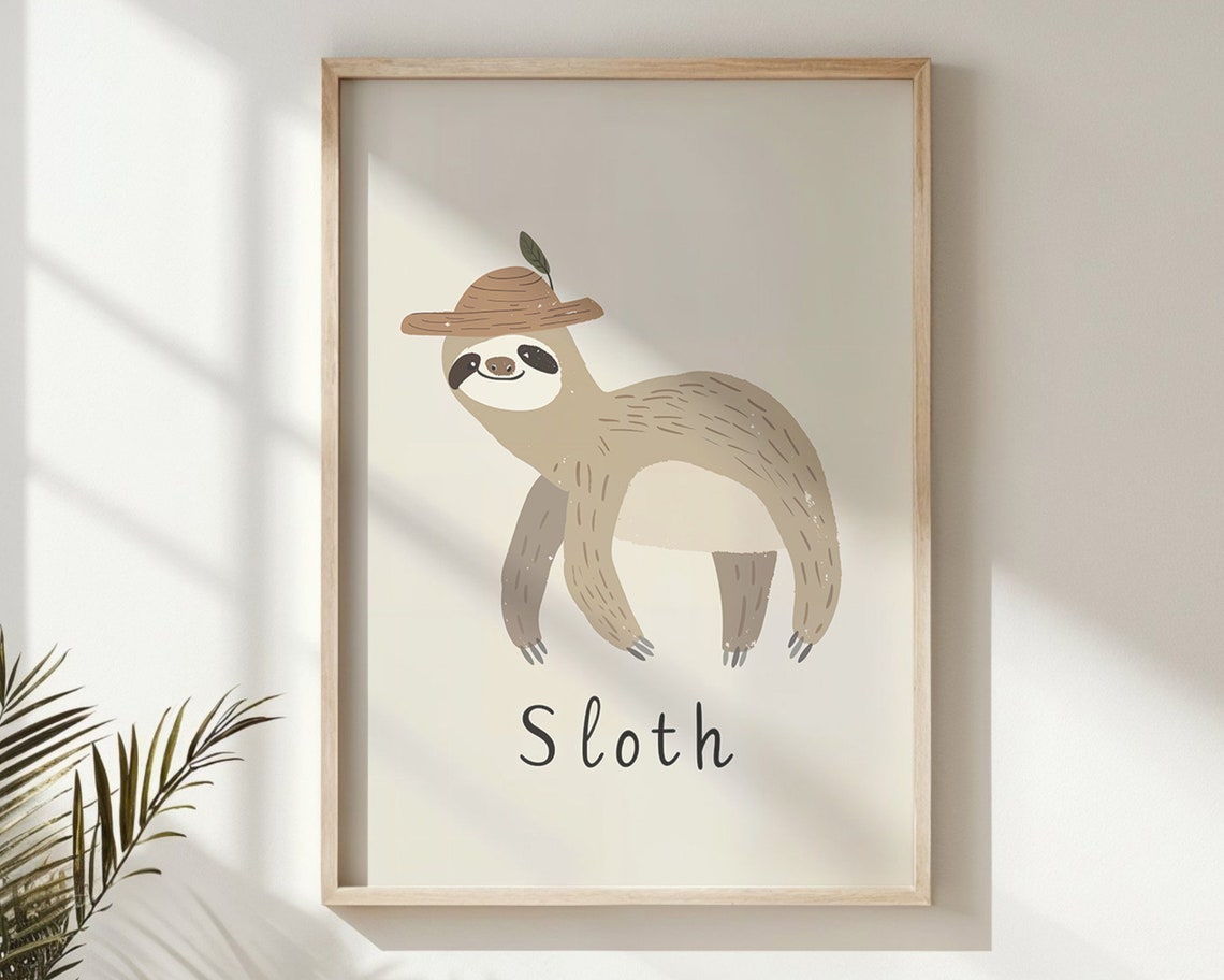 Sloth Wearing Safari Hat Cream Neutral Nursery Kids Room Art Poster - Image 6
