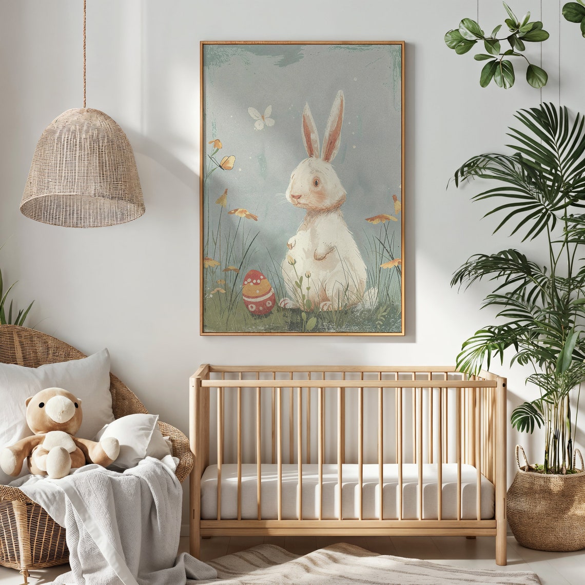 White Bunny Grassy Meadow Butterfly Vintage Easter Nursery Poster - Image 2