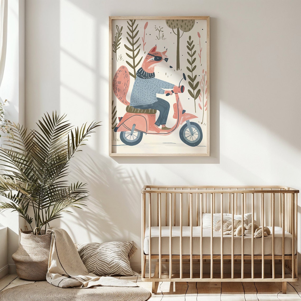 Cool Fox Riding Pink Scooter Nursery Poster Sunglasses Kids Room Art