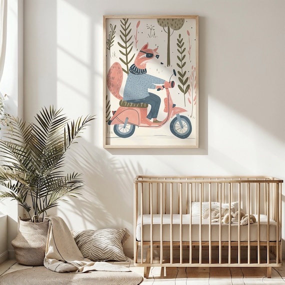 Cool Fox Riding Pink Scooter Nursery Poster Sunglasses Kids Room Art