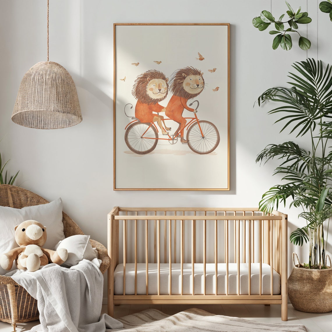 Two Happy Lions Riding Tandem Bicycle Watercolor Nursery Poster - Image 4