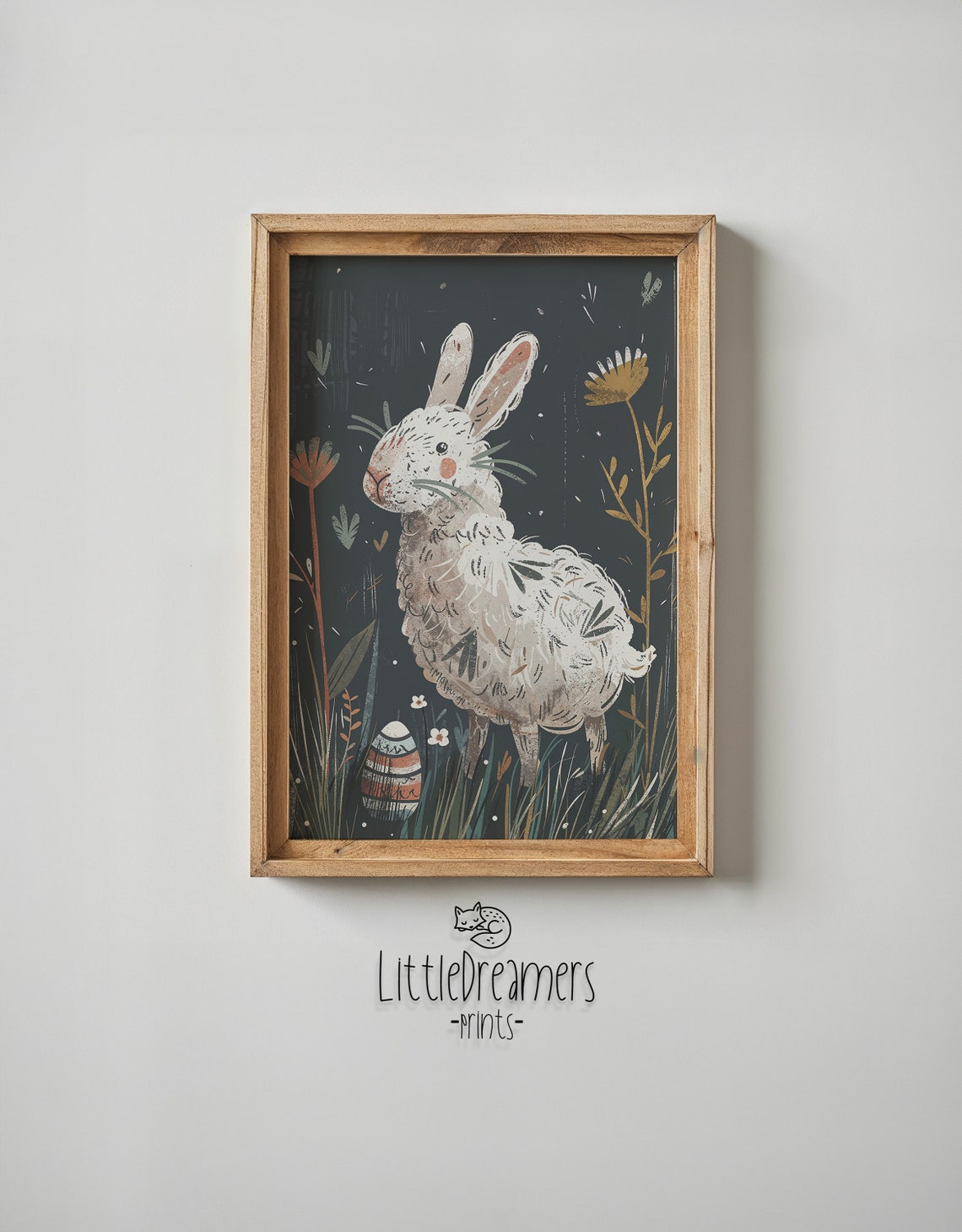 White Bunny Night Meadow Flowers Decorated Egg Storybook Poster