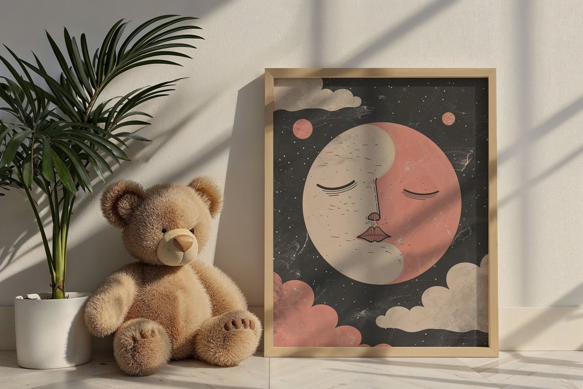 Abstract Split Moon Face Pink Cream Cosmic Starry Night Sky Poster - Image 6