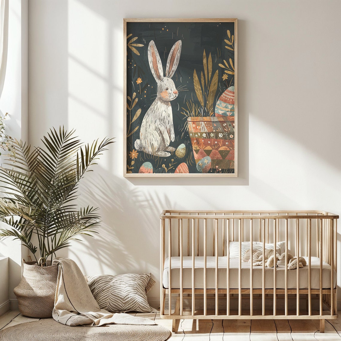 White Bunny Patterned Egg Pot Golden Garden Dark Nursery Poster - Image 4