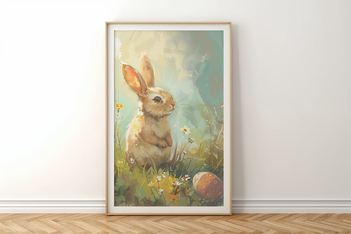Golden Bunny Watercolor Meadow Wildflower Easter Egg Nursery Poster - Image 6